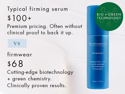 Firmware is an example of a formulation that performs and is priced for loyalty.  It features Bio + Green Technology. The typical firming serum is over $100 with premium pricing and often without clinical proof to back it up. Compare that to Bioelements Firmwear, priced at $68 and featuring cutting-edge biotechnology, green chemistry, and clinically proven results.